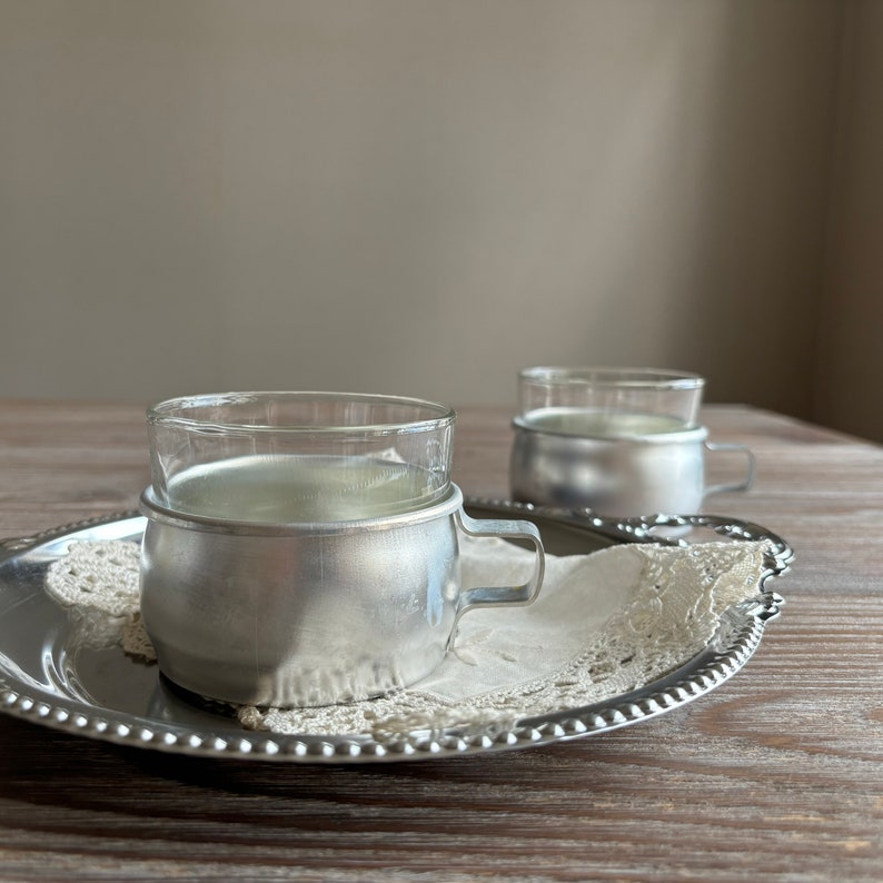 Vintage glassess in metal holder, Set of 2, Alluminium cup holders, Tea maker, metalware, Country Farmhouse home decor image 5