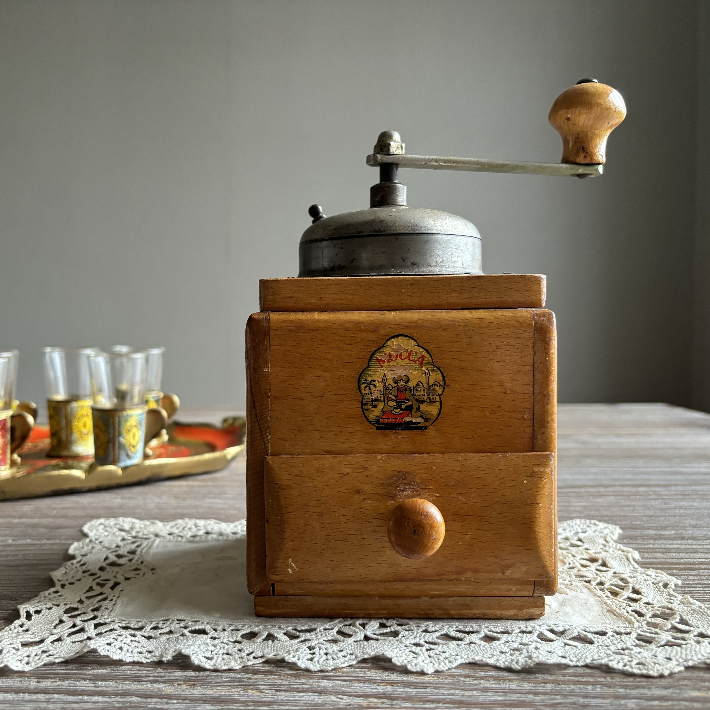 Vintage Coffee Grinder Mocca, Wooden Hand Manual Grinder, 1950s