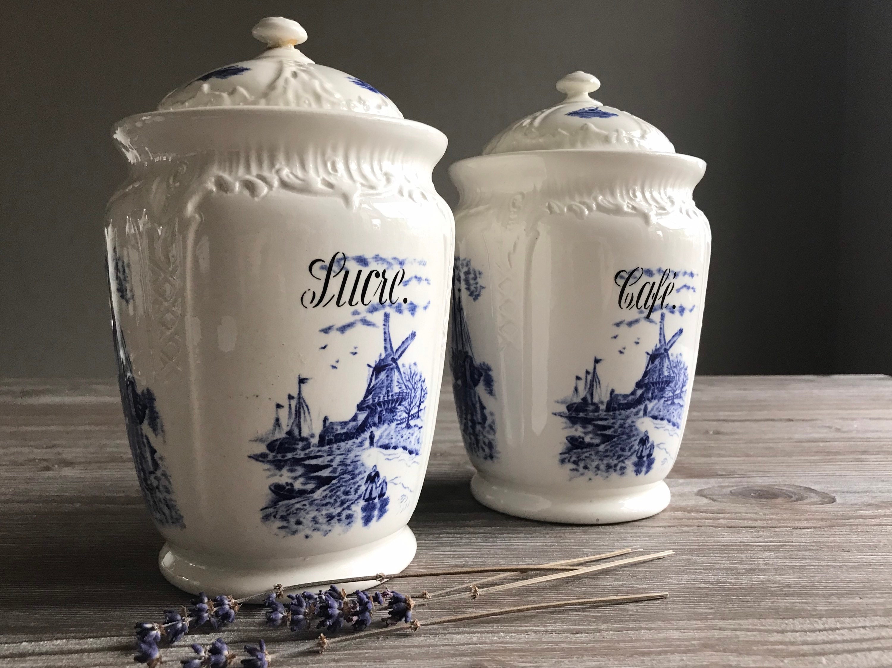 Canister Sets Home & Living Kitchen Storage Blue and White Stoneware