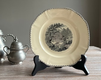 Dutch vintage eating side bread plate, octagonal stoneware, Societe Ceramique Maestricht, Landscape black transferware, Country farmhouse