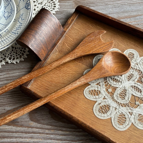 Vintage Wooden Salad Servers, Salad Serving Set, Mid Century Wood