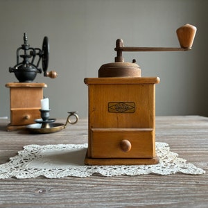 Antique coffee grinder HAHA, Wooden hand manual grinder, Primitive country farmhouse, mid century home decor