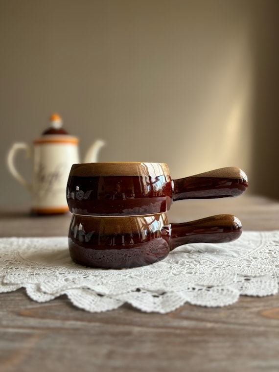Vintage glazed terracota pot with handle, Onion soup clay pot, Set of 4, glazed clay earthenware, sauce cooking pot, Mid century cookware