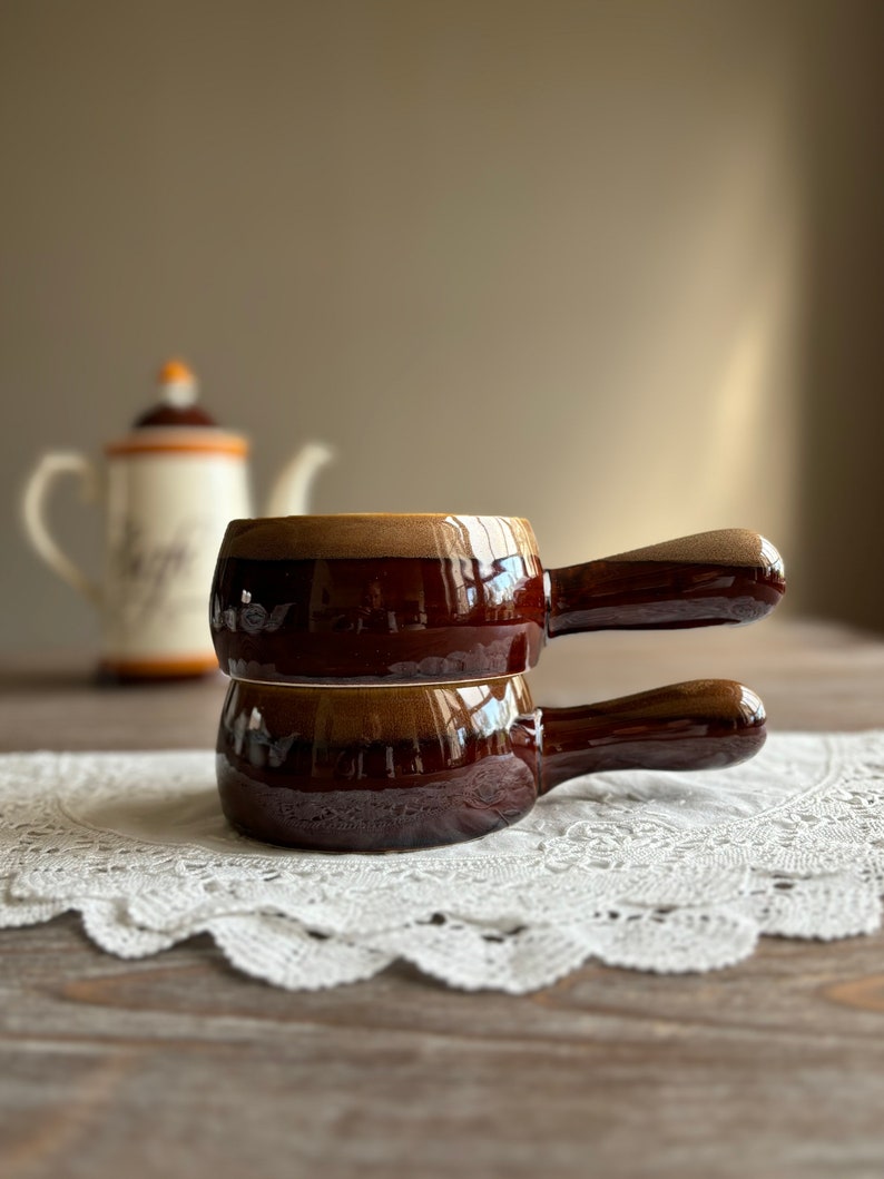 Vintage glazed terracota pot with handle, Onion soup clay pot, Set of 4, glazed clay earthenware, sauce cooking pot, Mid century cookware image 1