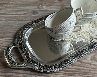 Bandeja ovalada de metal vintage con asas, bandeja de metal decorada, estilo rústico de mediados de siglo.