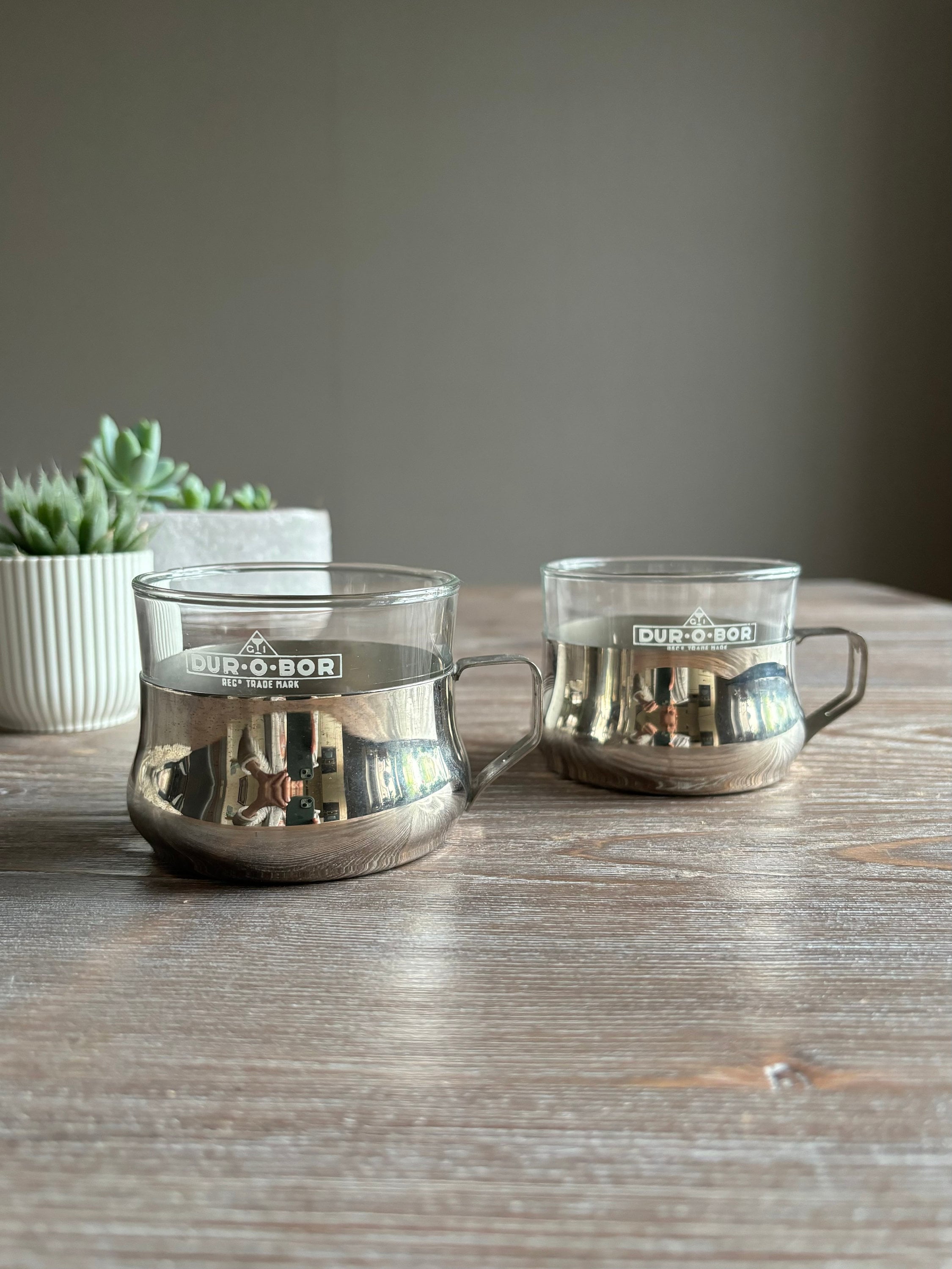 2 Vintage Glass Tea Coffee Cups in Brass Holders, Durobor