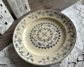 2 Vintage 10" eating plates, BOCH la Louviere Meissen, Blue white porcelain, Vintage tableware, Country farmhouse Retro, Mid century
