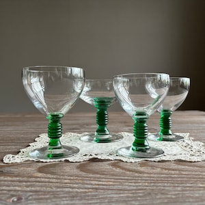 4 Assorted vintage martini aperitif cocktail glasses, long green stem, vintage barware, mid century glassware, bar glasses