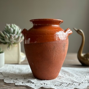 Vintage terracotta pot with handles, Glazed clay pot, earthenware jug, Primitive home decor, Country farmhouse antique style,Rustic clay pot