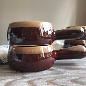 Vintage glazed terracota pot with handle, Onion soup clay pot, Set of 4, glazed clay earthenware, sauce cooking pot, Mid century cookware image 8