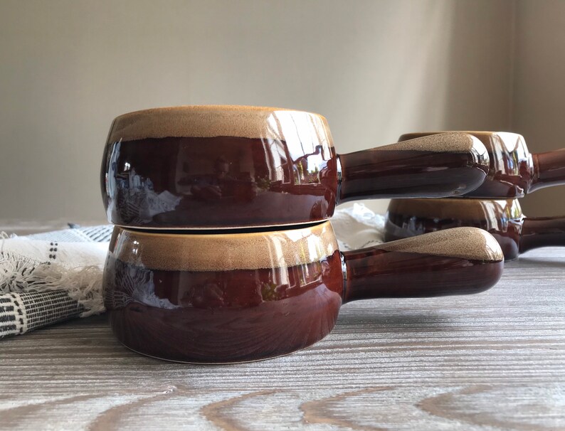 Vintage glazed terracota pot with handle, Onion soup clay pot, Set of 4, glazed clay earthenware, sauce cooking pot, Mid century cookware image 8