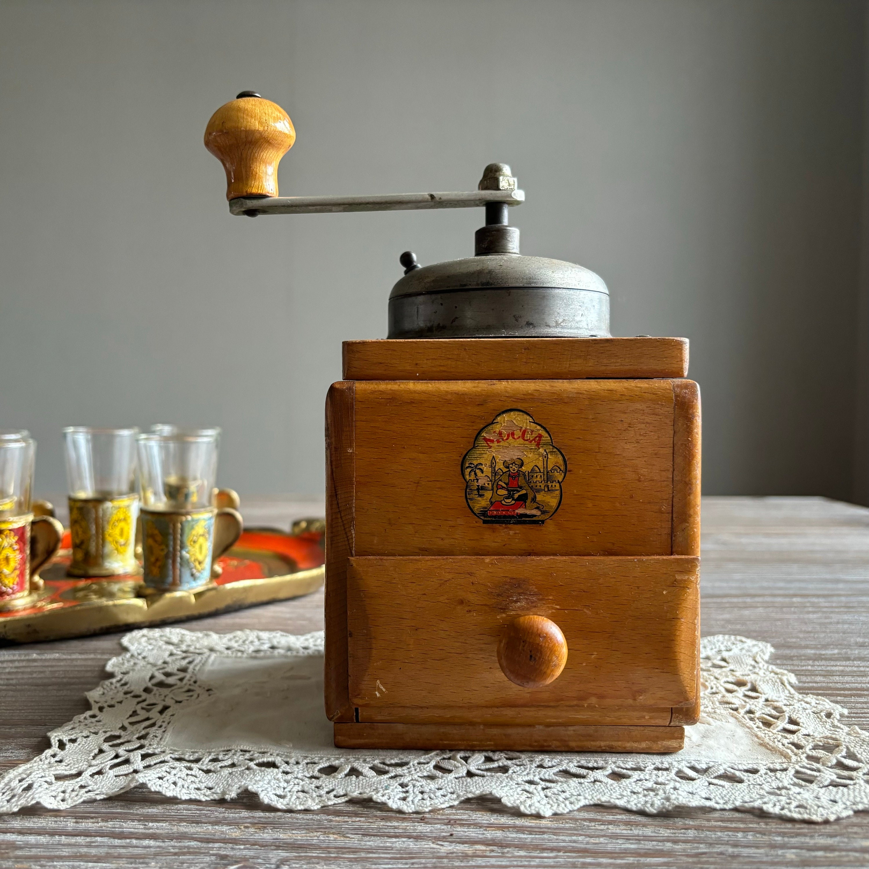 Vintage Coffee Grinder Mocca, Wooden Hand Manual Grinder, 1950s