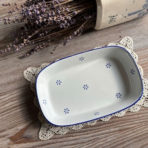 Vintage heavy ceramic small serving dish, Blue white whiteware tableware, serving plate, Mid century retro country farmhouse