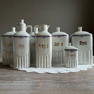 Vintage ceramic kitchen storage containers jar, Set of 7, Transferware whiteware Art Deco jar canister, spice pots, Retro kitchen storage