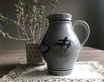 Vintage salt glazed stoneware jug, Small terracotta pot, Glazed clay pot with blue paint, Primitive home decor, Country farmhouse