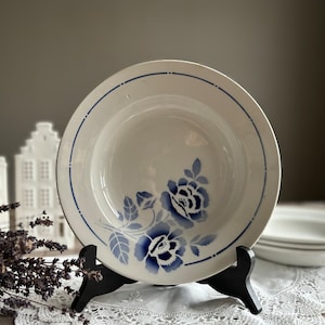 4 French vintage transferware soup plates, Art Deco St Amand, Blue white transferware flowers, vintage ceramic tableware, boho chic