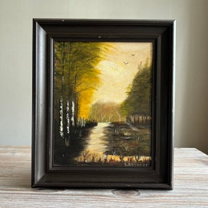 Vintage framed oil painting, Signed original painting, Mid century wall home decor, Autumn Fall landscape, Country Farmhouse