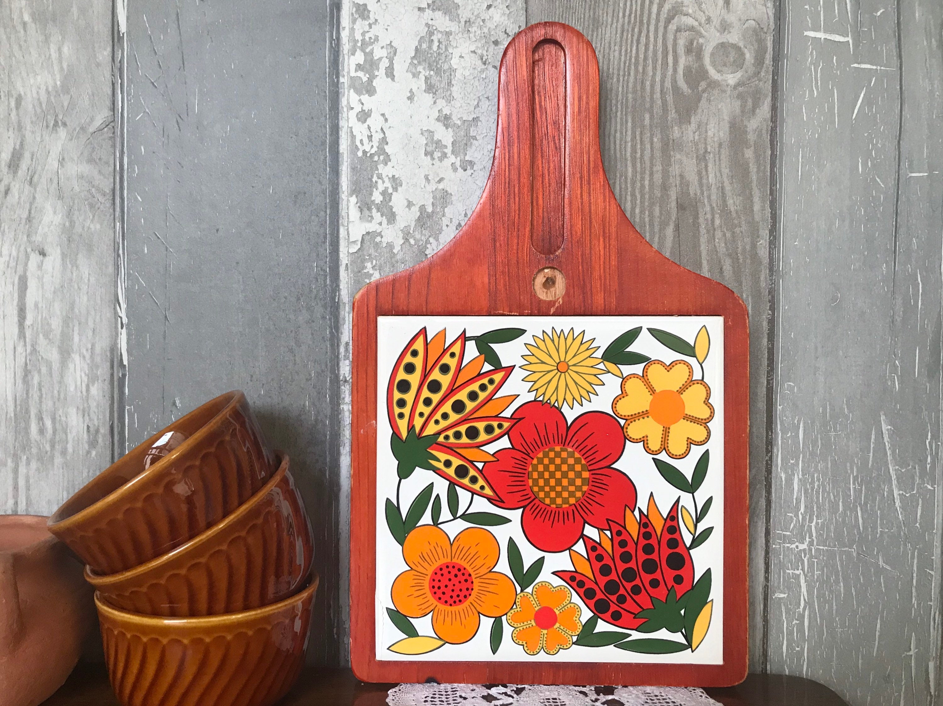 Vintage Wooden Ceramic Cutting Board, Wooden Chopping Block With