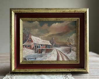 Vintage framed original oil painting, Signed painting, Winter dutch landscape painting, Mid century home decor, Wall decor,country farmhouse