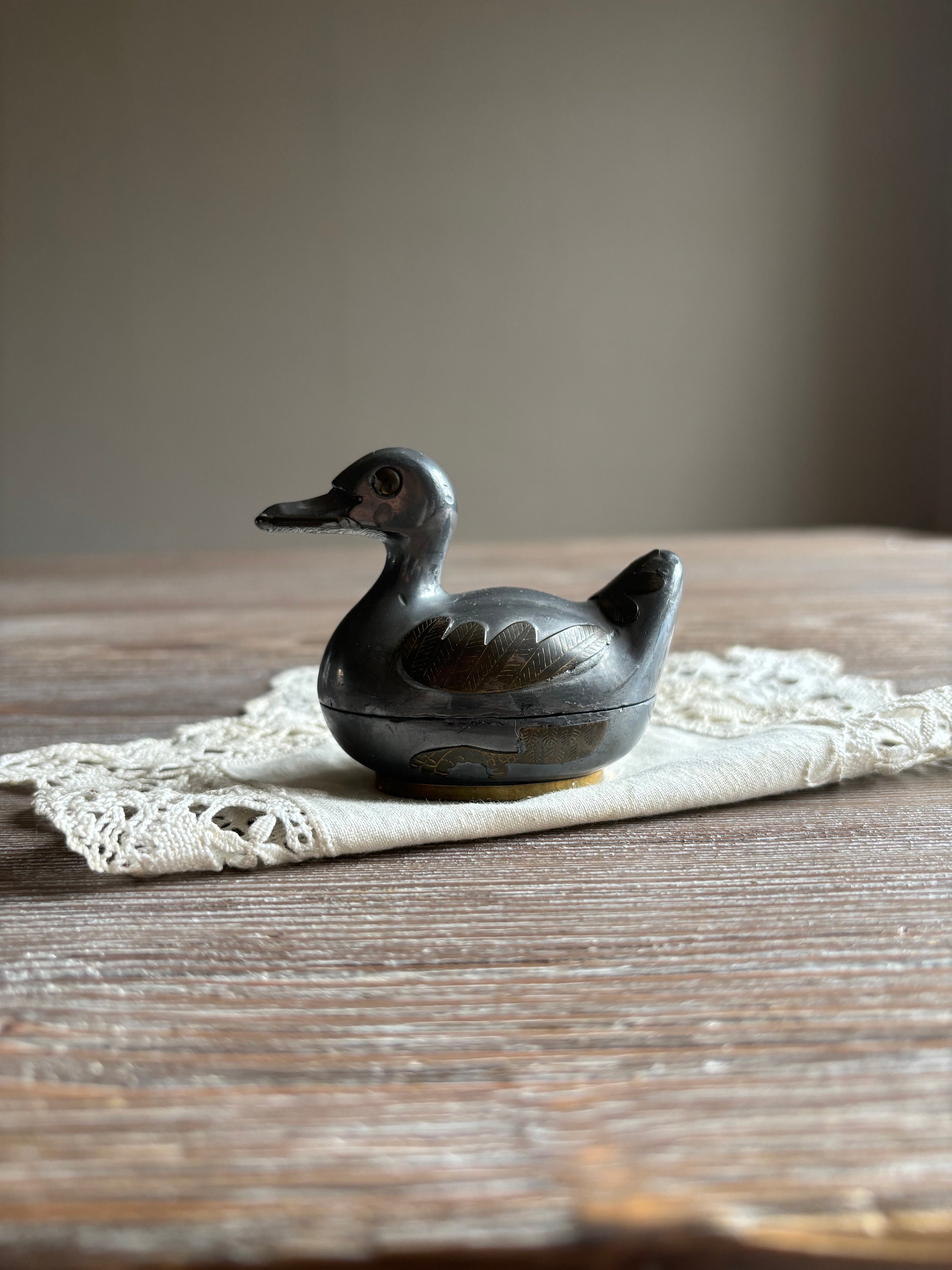 Vintage Small Pewter Brass Duck Trinket, Metal Vintage Trinket