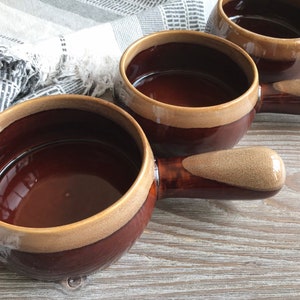 Vintage glazed terracota pot with handle, Onion soup clay pot, Set of 4, glazed clay earthenware, sauce cooking pot, Mid century cookware image 5