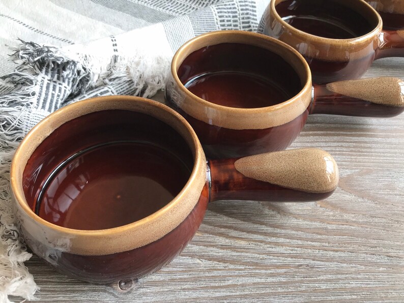 Vintage glazed terracota pot with handle, Onion soup clay pot, Set of 4, glazed clay earthenware, sauce cooking pot, Mid century cookware image 5