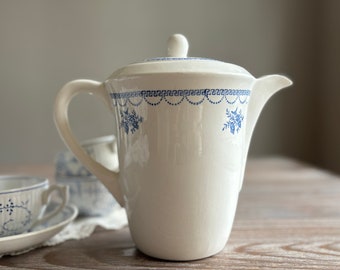 French vintage tea coffee pot, Ceranort St Amand, Art Deco, Blue white transferware, Blue flowers, boho shabby chic, country farmhouse