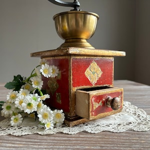 Vintage large Florentine coffee grinder, Red gold wood brass manual coffee grinder, Coffee maker, Primitive country farmhouse, mid century
