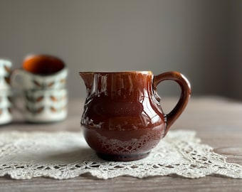 Vintage glazed ceramic creamer, Small milk jug, Glazed terracotta earthenware clay bowl, Primitive country farmhouse kitchenware