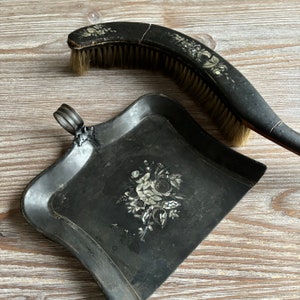 Vintage dustpan and brush with pearl decor, Antique metal scoop, Black country farmhouse home decor,