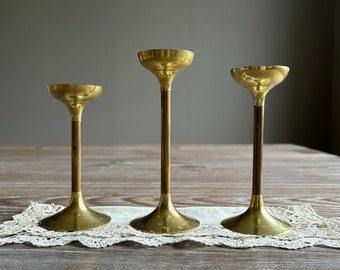 Vintage brass candle holders, Set of 3, Metalware home decor, retro mid century, boho chic, country farmhouse