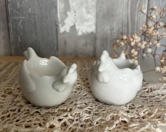 2 Vintage ceramic egg cups, Chicken figurine egg holder, Whiteware, Mid century serving kitchenware tableware, country farmhouse