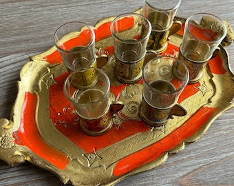 RARE Florentine cups serving tray set, Italian vintage, Mid century 50s, Red Gold tray, boho shabby chic home decor, country Farmhouse