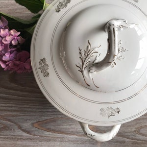 Vintage large white soup tureen, Ceramic kitchen dish, Whiteware gold porcelain, retro old tableware, country farmhouse, white kitchenware