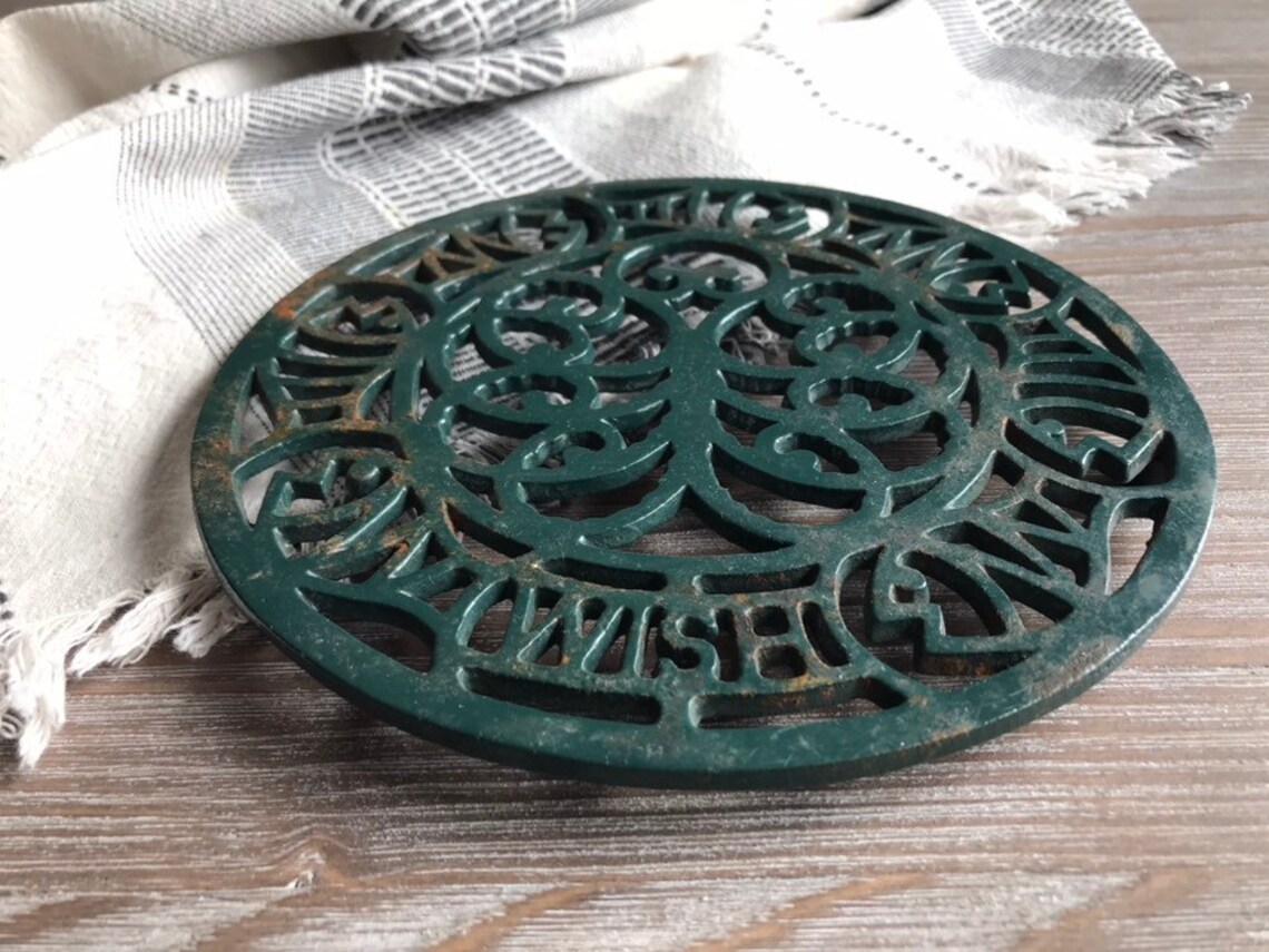 Vintage Cast Iron Enamel Trivet Metal Round Mid Century Etsy