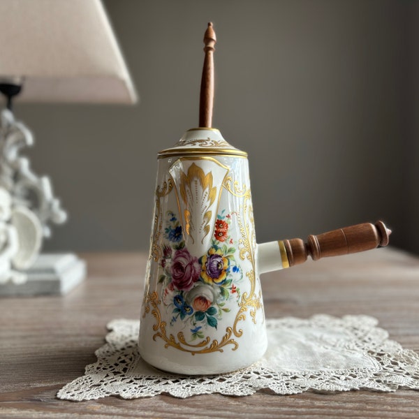 French antique porcelain chocolate pot with wooden handle, hand painted with gold flowers, Floral signed, 1900s