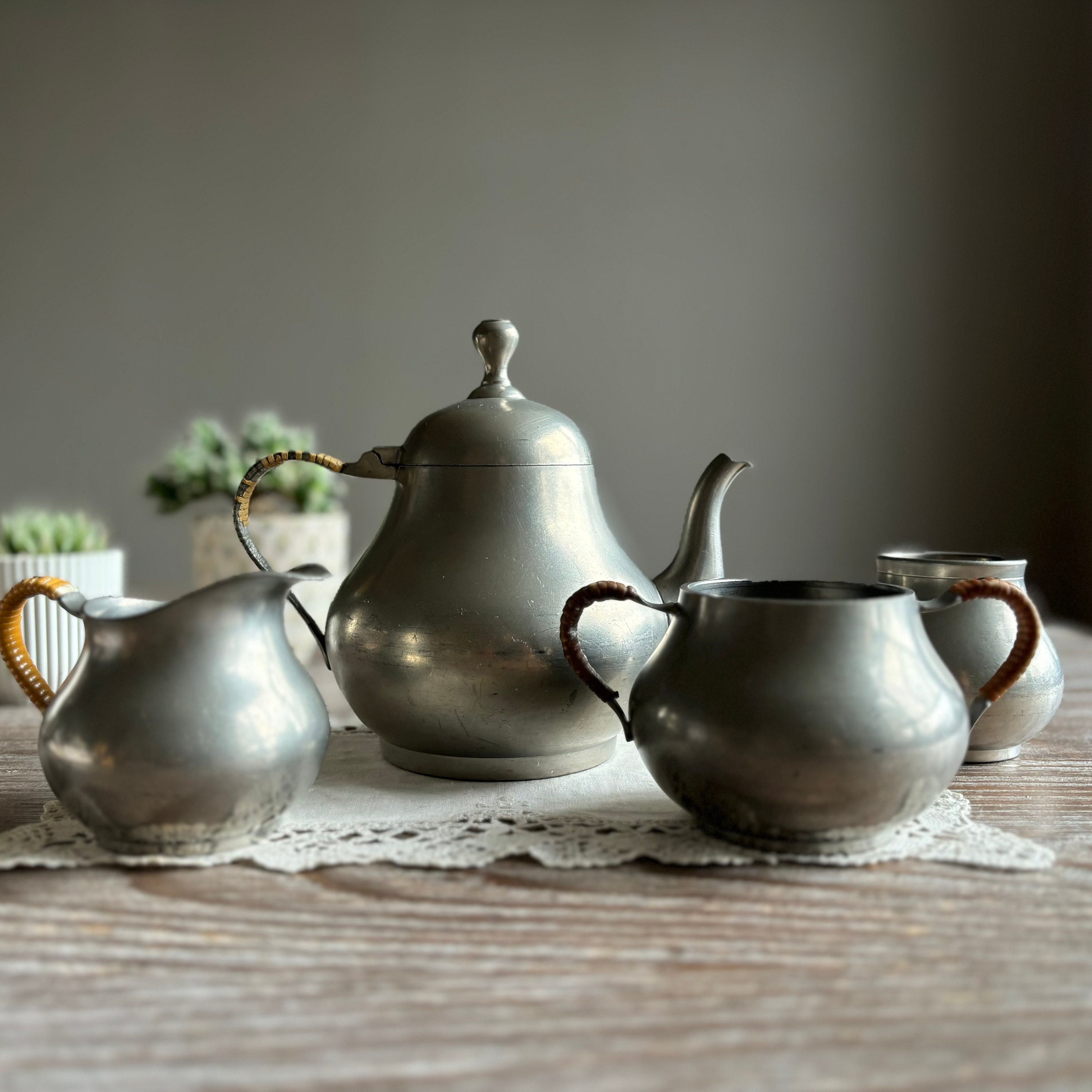 Vintage Pewter Tea Coffee Service Set, Pewter Tea Kettle Pot