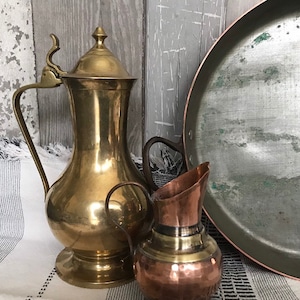 Vintage brass pitcher, brass pot with lid, traditional wine water pitcher, kitchenware tableware, old mid century retro