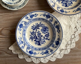 Plato de sopa antiguo del Danubio azul, Villeroy Boch Dresden, cerámica Ironstone, marca Mercurio, vajilla blanca azul cobalto, casa de campo