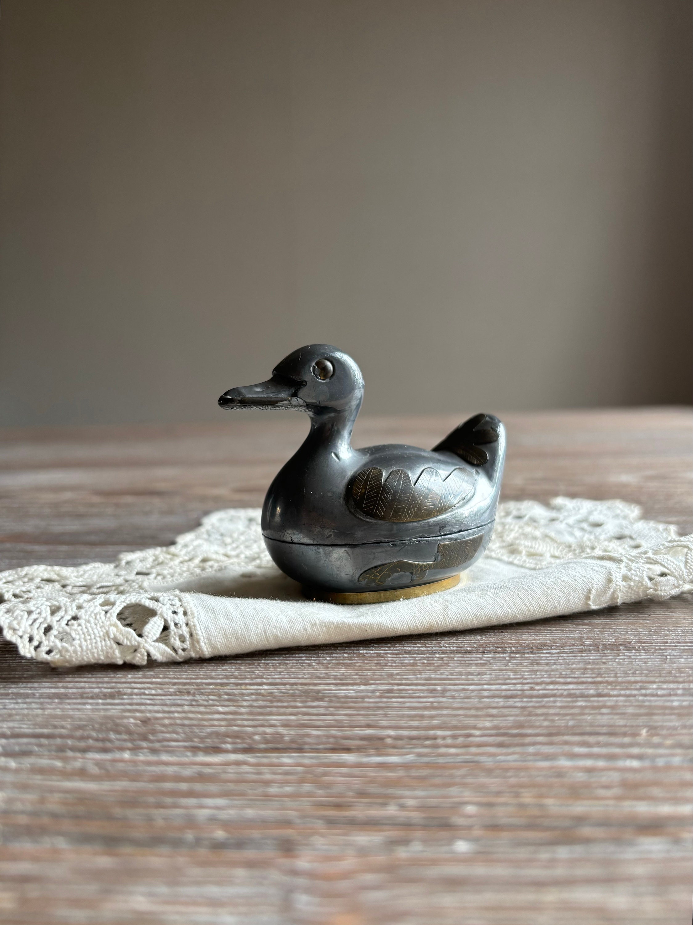 Vintage Small Pewter Brass Duck Trinket, Metal Vintage Trinket
