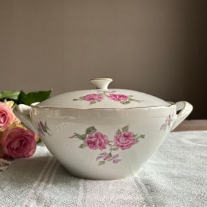 Vintage Porzellan Suppenterrine, Tschechoslovakien feines Porzellan, keramischen Stencilware Teller, rosa Rosen Blumen floral, Landhaus Mitte Jahrhundert