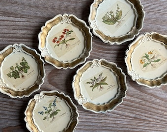 6 sottobicchieri vintage fiorentini, sottobicchieri floreali botanici, italiani di metà secolo anni &#39;60, arredamento per la casa shabby chic boho dorato, fattoria di campagna