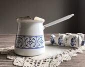 Vintage enamel turkish coffee pot, Enamel Simmer Pot, Metal metalware, Blau Saks White Blue, Retro Kitchen, mid century, Country farmhouse