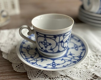 Blau Saks coffee tea cup with saucer, Blue white print, Bareuther Germany, white cobalt Indisch blue, Country Farmhouse whiteware