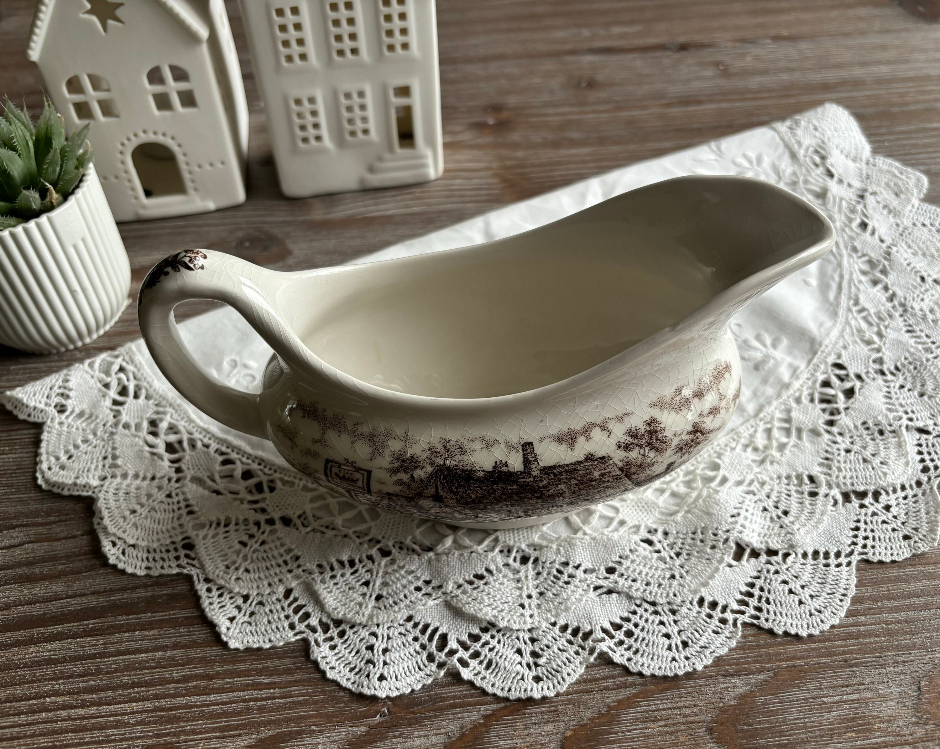 Vintage Ironstone Transferware Gravy Boat, Gravy Jug, Old Inns