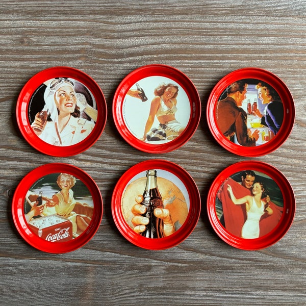 Set of 6 vintage Coca Cola coasters, Coasters in tin round box, Retro home decor, Kitchenware metalware