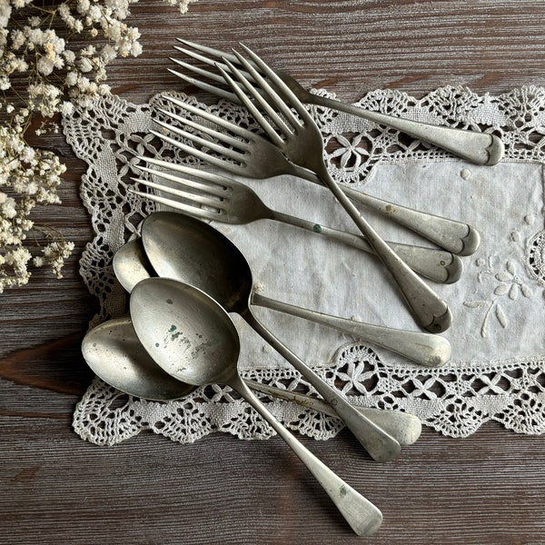 English vintage cutlery, set of 4 forks and spoons, Sheffield England, Rustless Nickel Silver, metalware mid century servers, collectible