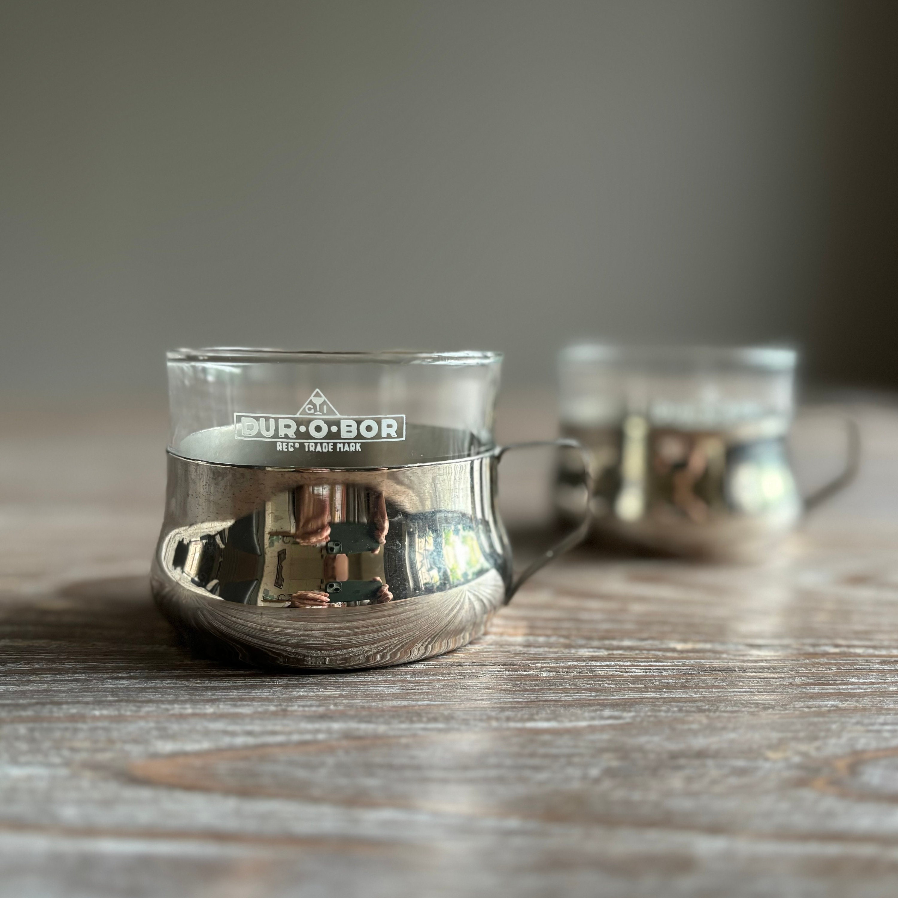 2 Vintage Glass Tea Coffee Cups in Brass Holders, Durobor