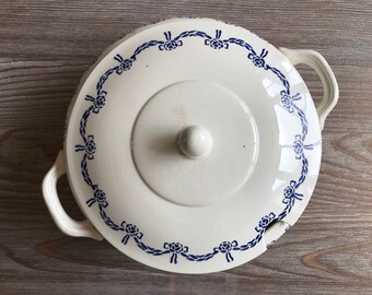 Vintage large soup tureen, Transferware ceramic white, Whiteware blue flowers porcelain, retro tableware, retro kitchenware