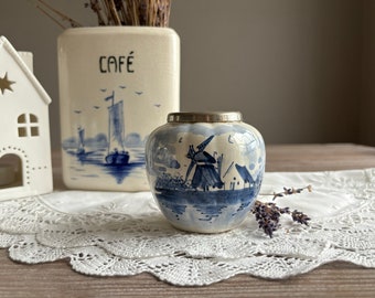 petit vase vintage, vase blanc bleu hollandais, petit pot en porcelaine, vintage du milieu du siècle, bleu de Delft Hollande, décoration bohème chic